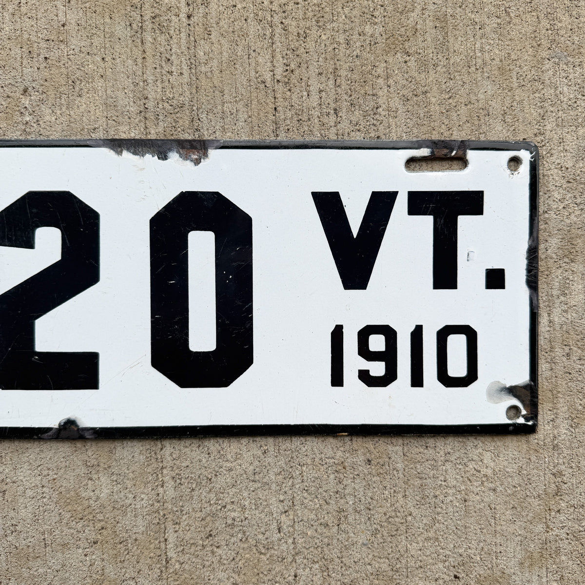 Photo of a 1910 Vermont Porcelain License Plate Auto Tag Garage Decor Vintage Low Number Three Digit 220 with original patina