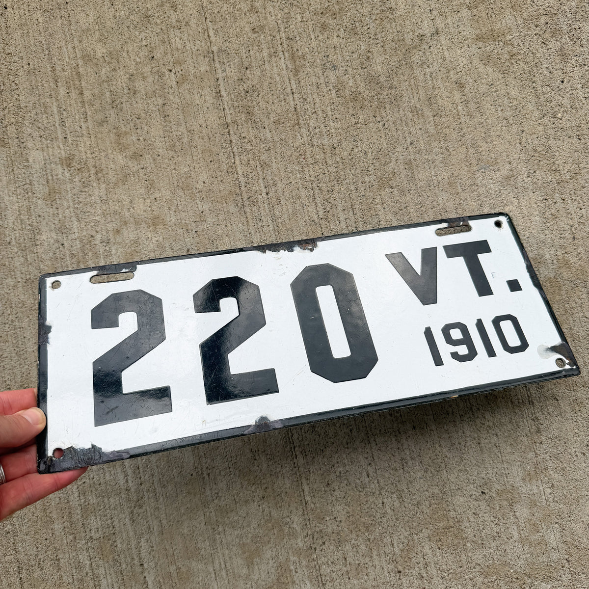 Photo of a 1910 Vermont Porcelain License Plate Auto Tag Garage Decor Vintage Low Number Three Digit 220 with original patina