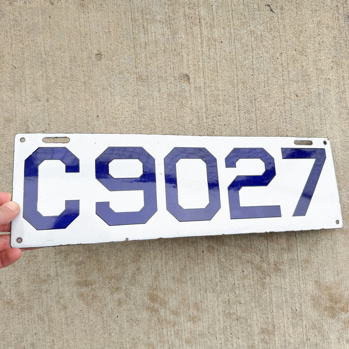 Photo of a 1911 Connecticut Porcelain License Plate Auto Tag Garage Decor Vintage High Quality Four Digit C 9027 with original patina