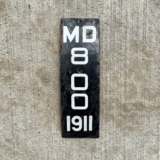 Photo of a 1911 Maryland Porcelain Motorcycle License Plate Auto Tag Garage Decor Vintage Low Number Three Digit Curved 800 with original patina