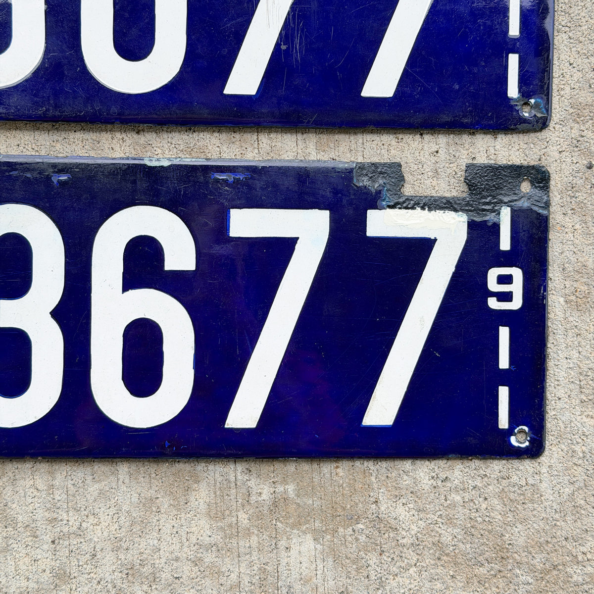 Photo of a 1911 Massachusetts Porcelain License Plate Pair Auto Tag Garage Decor Vintage With Replacement Plate 13677 with original patina