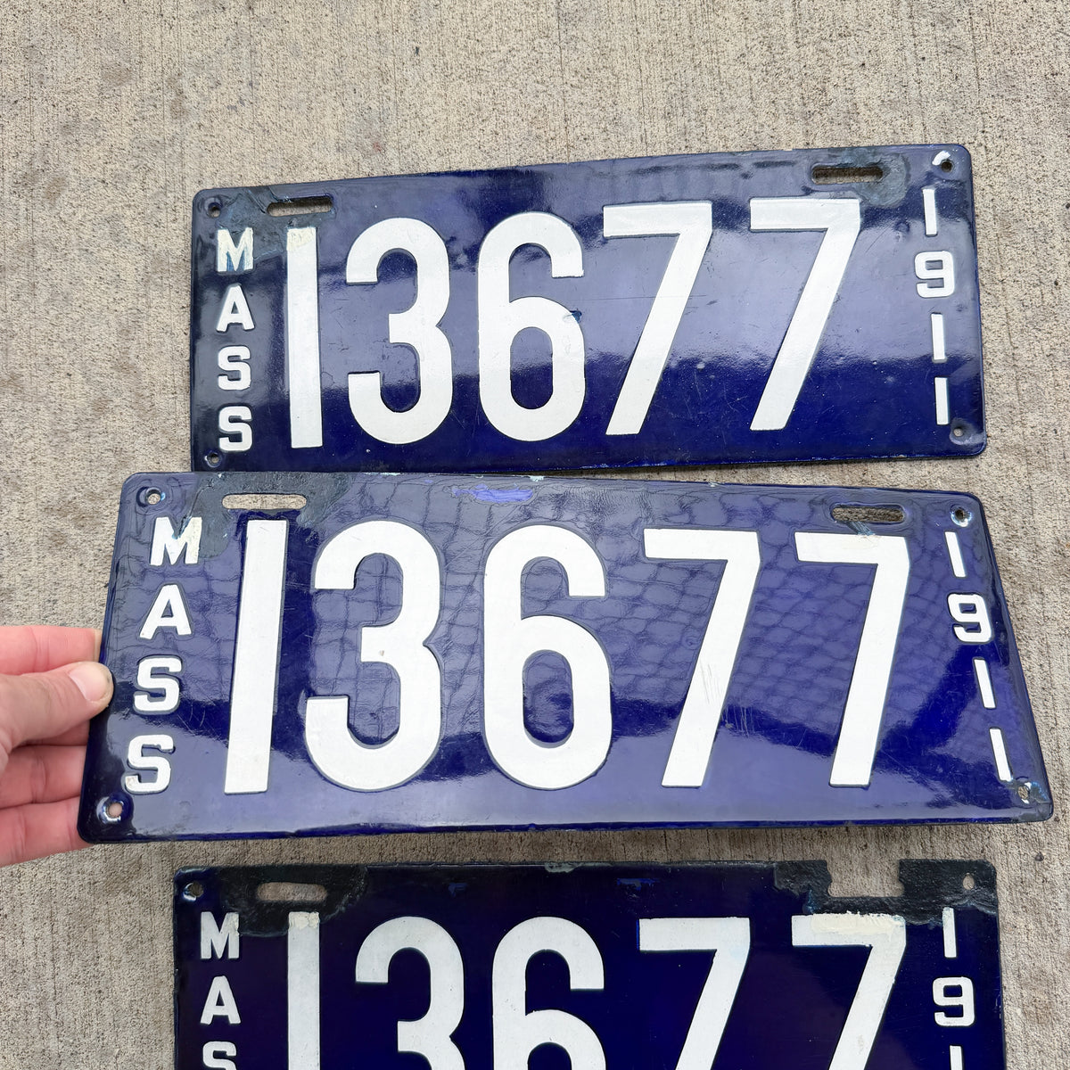 Photo of a 1911 Massachusetts Porcelain License Plate Pair Auto Tag Garage Decor Vintage With Replacement Plate 13677 with original patina
