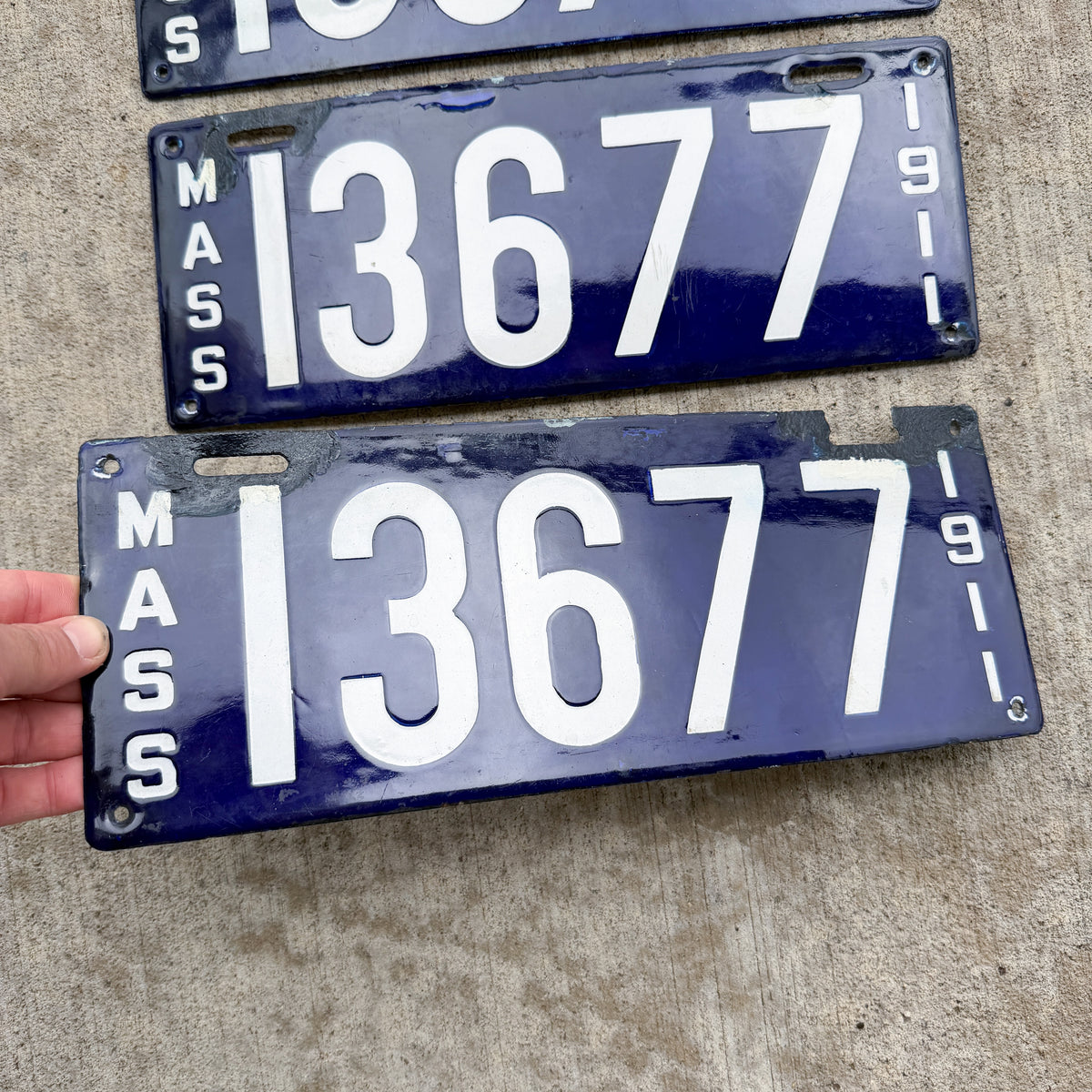 Photo of a 1911 Massachusetts Porcelain License Plate Pair Auto Tag Garage Decor Vintage With Replacement Plate 13677 with original patina