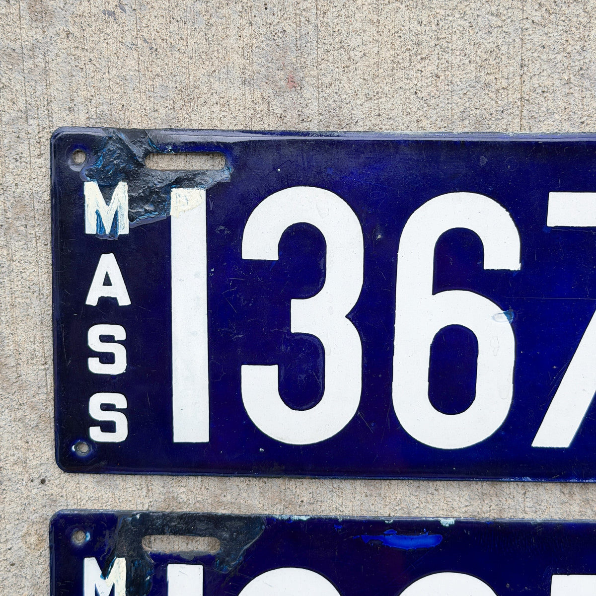 Photo of a 1911 Massachusetts Porcelain License Plate Pair Auto Tag Garage Decor Vintage With Replacement Plate 13677 with original patina