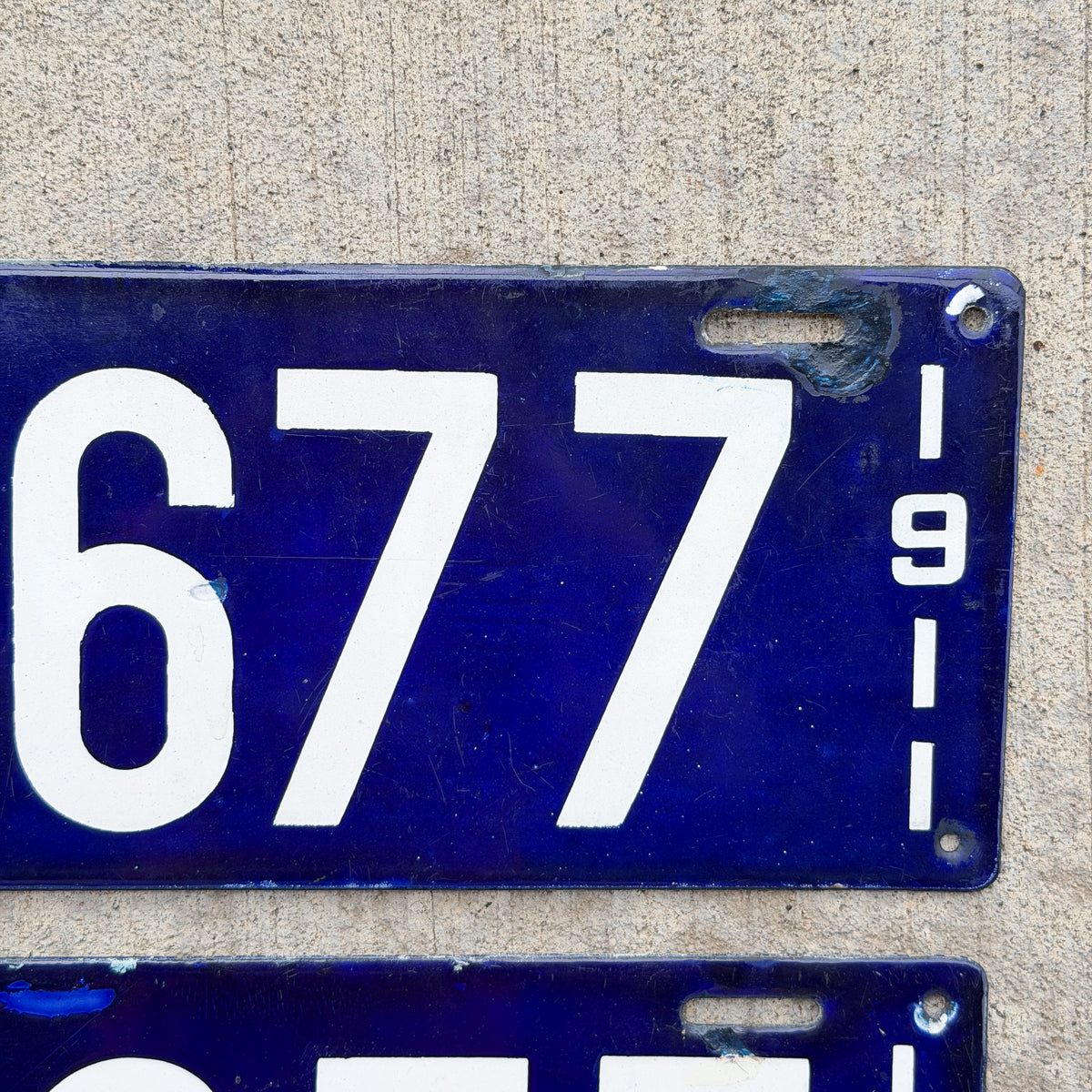 Photo of a 1911 Massachusetts Porcelain License Plate Pair Auto Tag Garage Decor Vintage With Replacement Plate 13677 with original patina