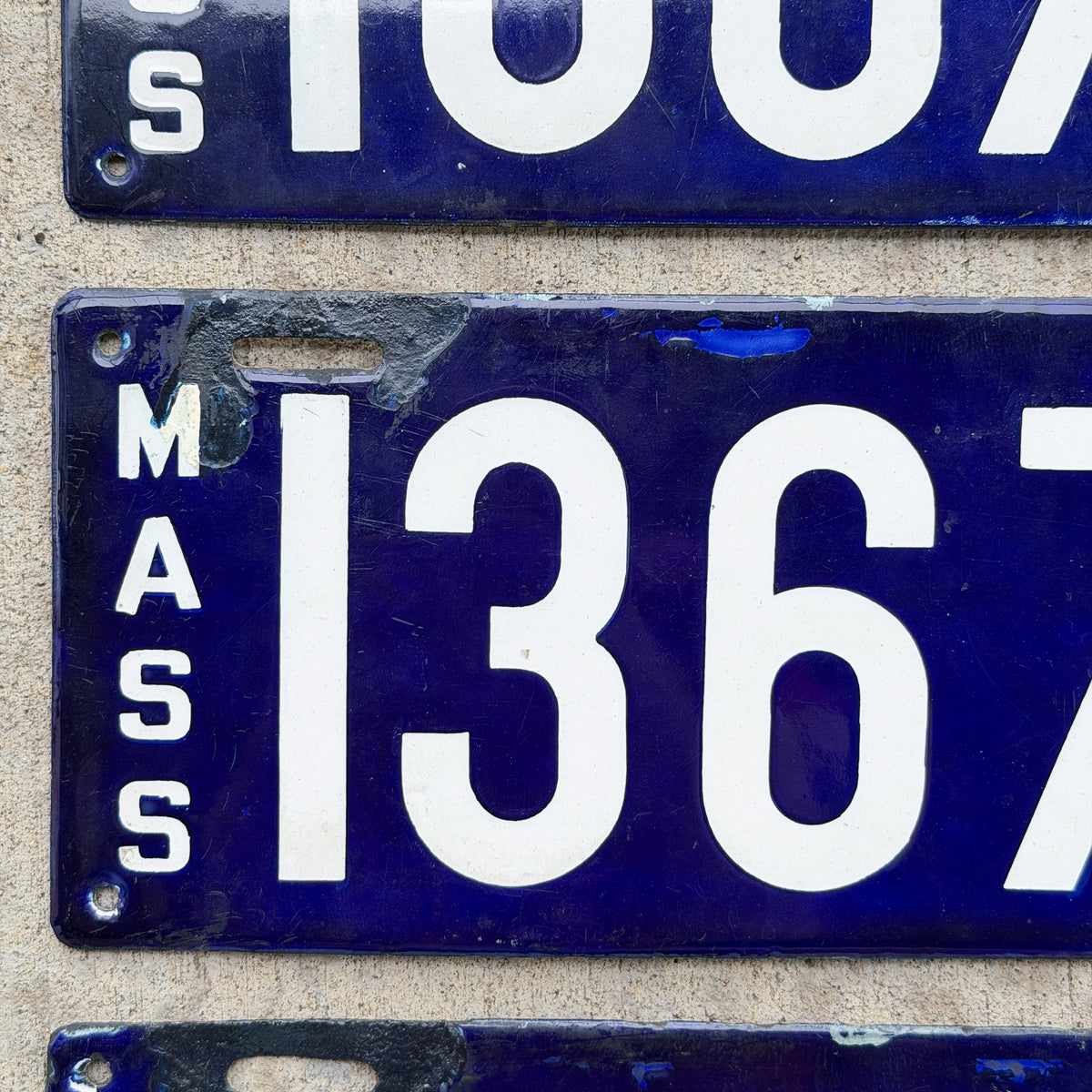 Photo of a 1911 Massachusetts Porcelain License Plate Pair Auto Tag Garage Decor Vintage With Replacement Plate 13677 with original patina