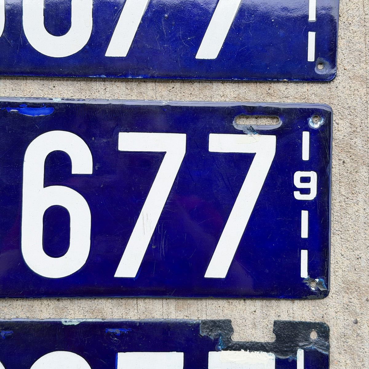 Photo of a 1911 Massachusetts Porcelain License Plate Pair Auto Tag Garage Decor Vintage With Replacement Plate 13677 with original patina