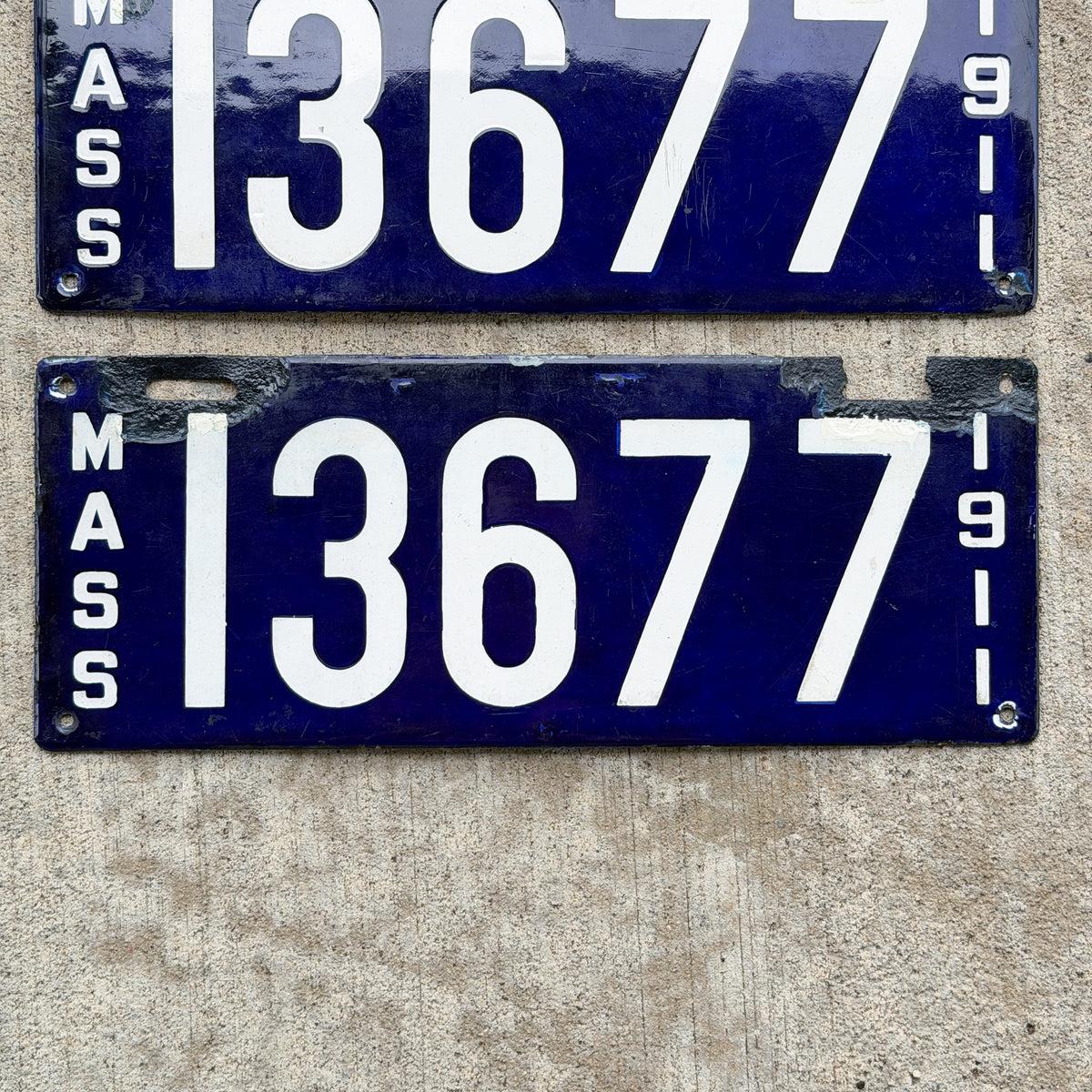 Photo of a 1911 Massachusetts Porcelain License Plate Pair Auto Tag Garage Decor Vintage With Replacement Plate 13677 with original patina