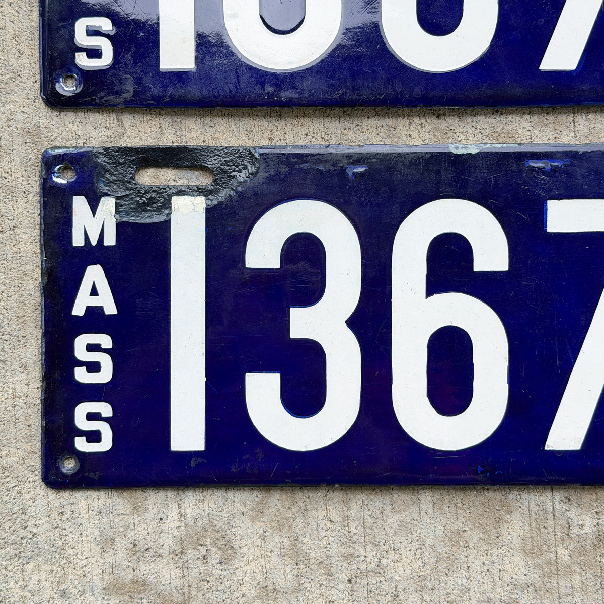 Photo of a 1911 Massachusetts Porcelain License Plate Pair Auto Tag Garage Decor Vintage With Replacement Plate 13677 with original patina