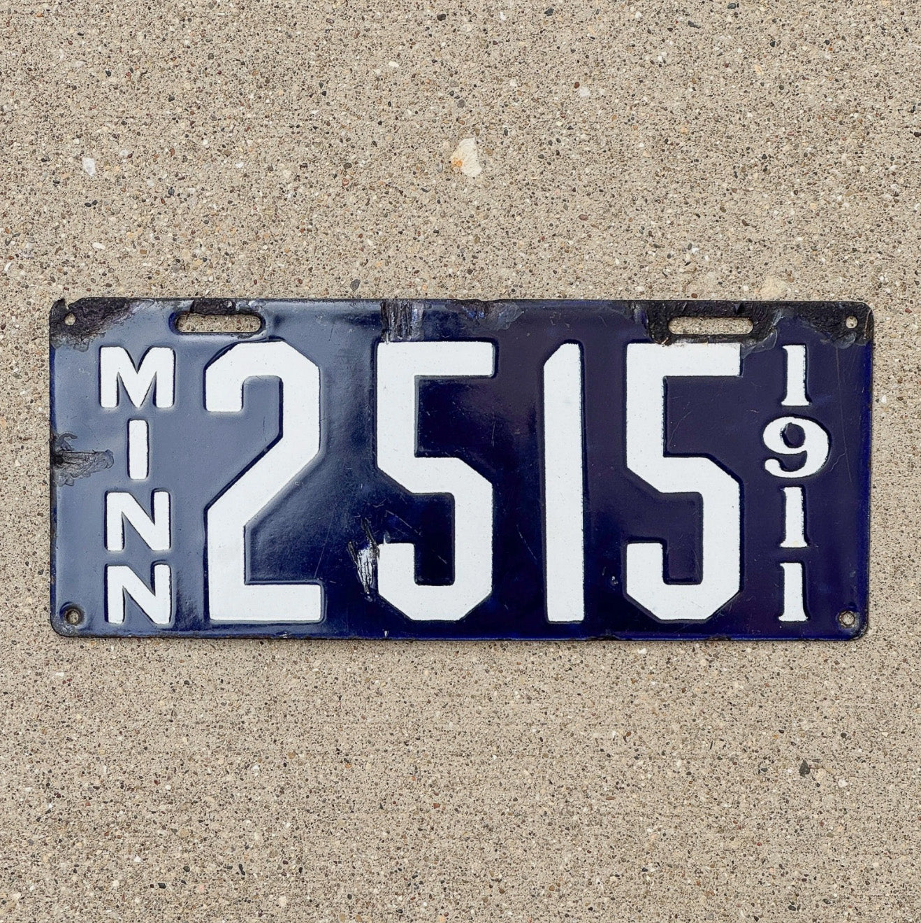 Photo of a 1911 Minnesota Porcelain License Plate Auto Tag Garage Decor Vintage 2515 with original patina