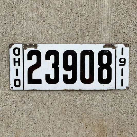 Photo of a 1911 Ohio Porcelain License Plate Auto Tag Garage Decor Vintage 23908 with original patina
