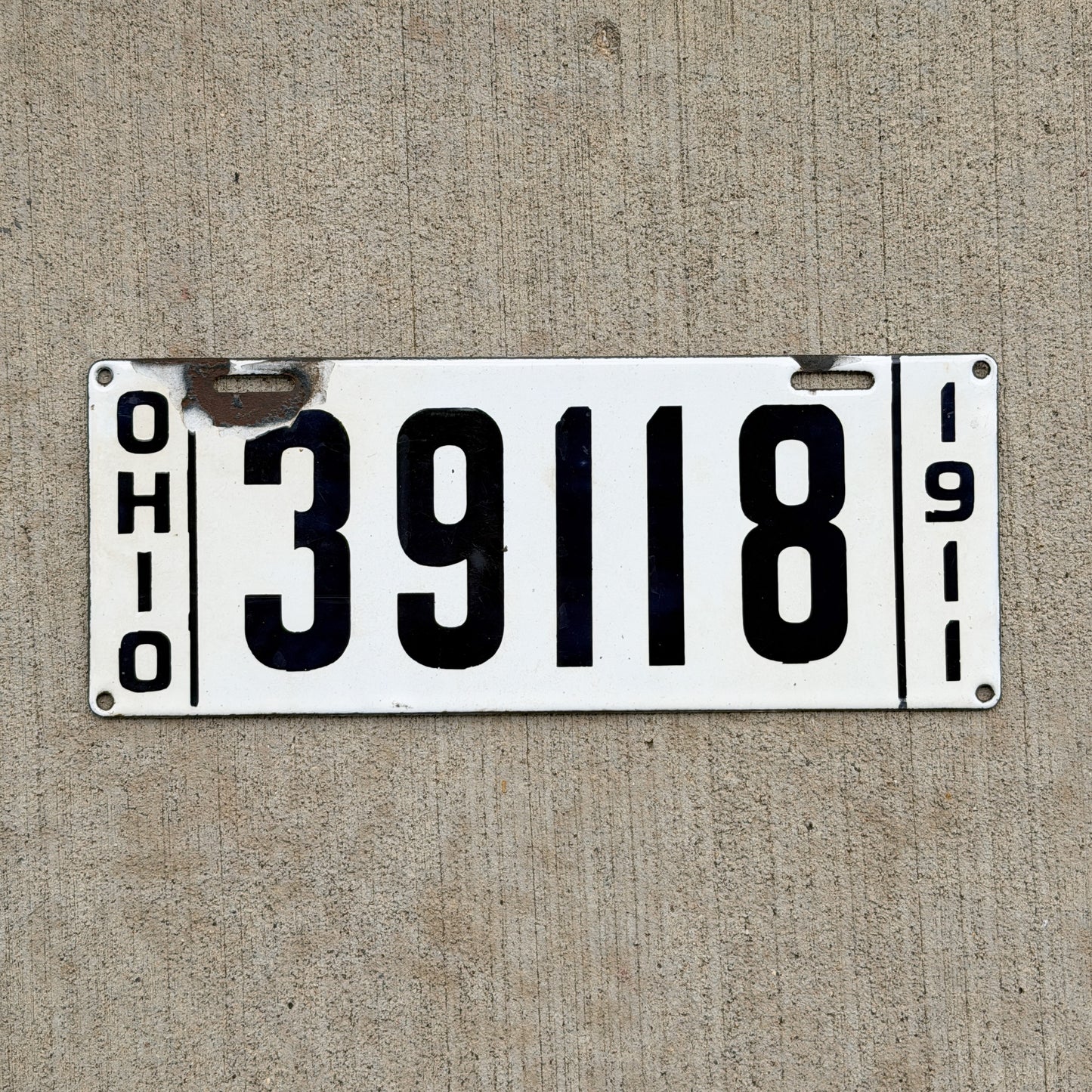 Photo of a 1911 Ohio Porcelain License Plate Auto Tag Garage Decor Vintage 39118 with original patina