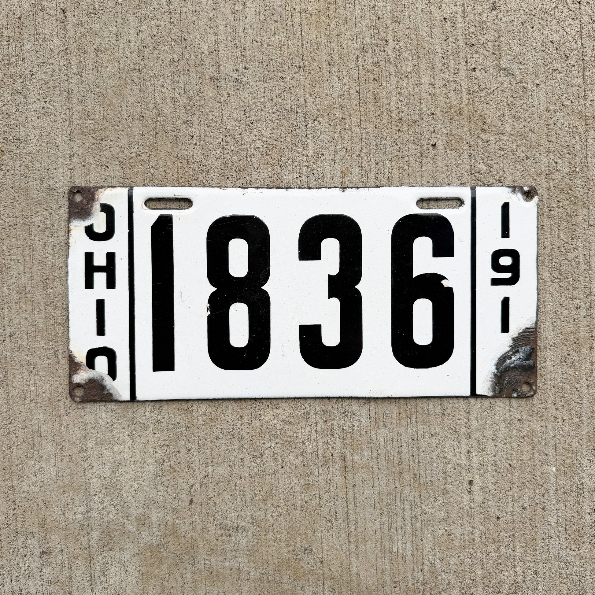 Photo of a 1911 Ohio Porcelain License Plate Auto Tag Garage Decor Vintage Low Number Four Digit 1836 with original patina