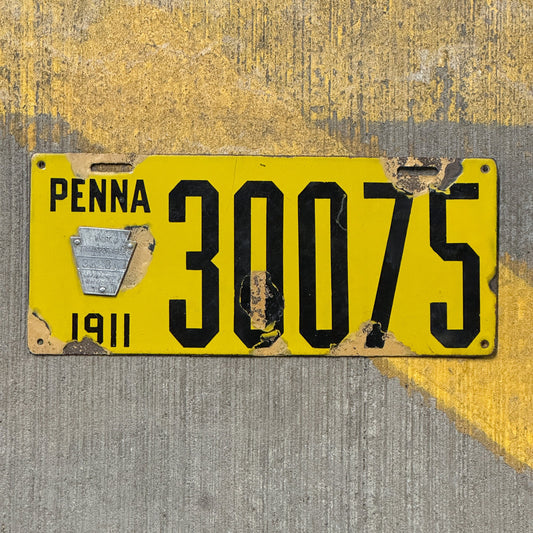 Photo of a 1911 Pennsylvania Porcelain License Plate Auto Tag Garage Decor Vintage 30075 with original patina