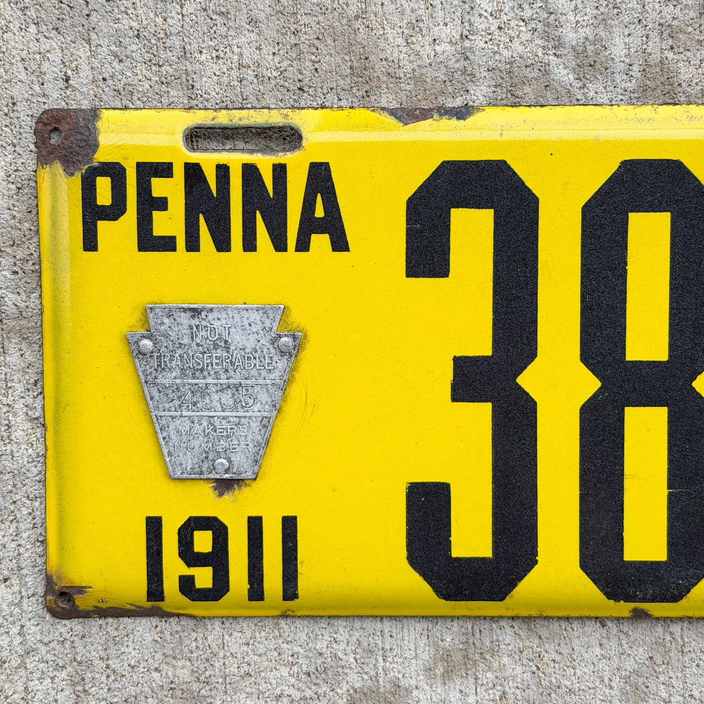 Photo of a 1911 Pennsylvania Porcelain License Plate Auto Tag Garage Decor Vintage 38185 with original patina