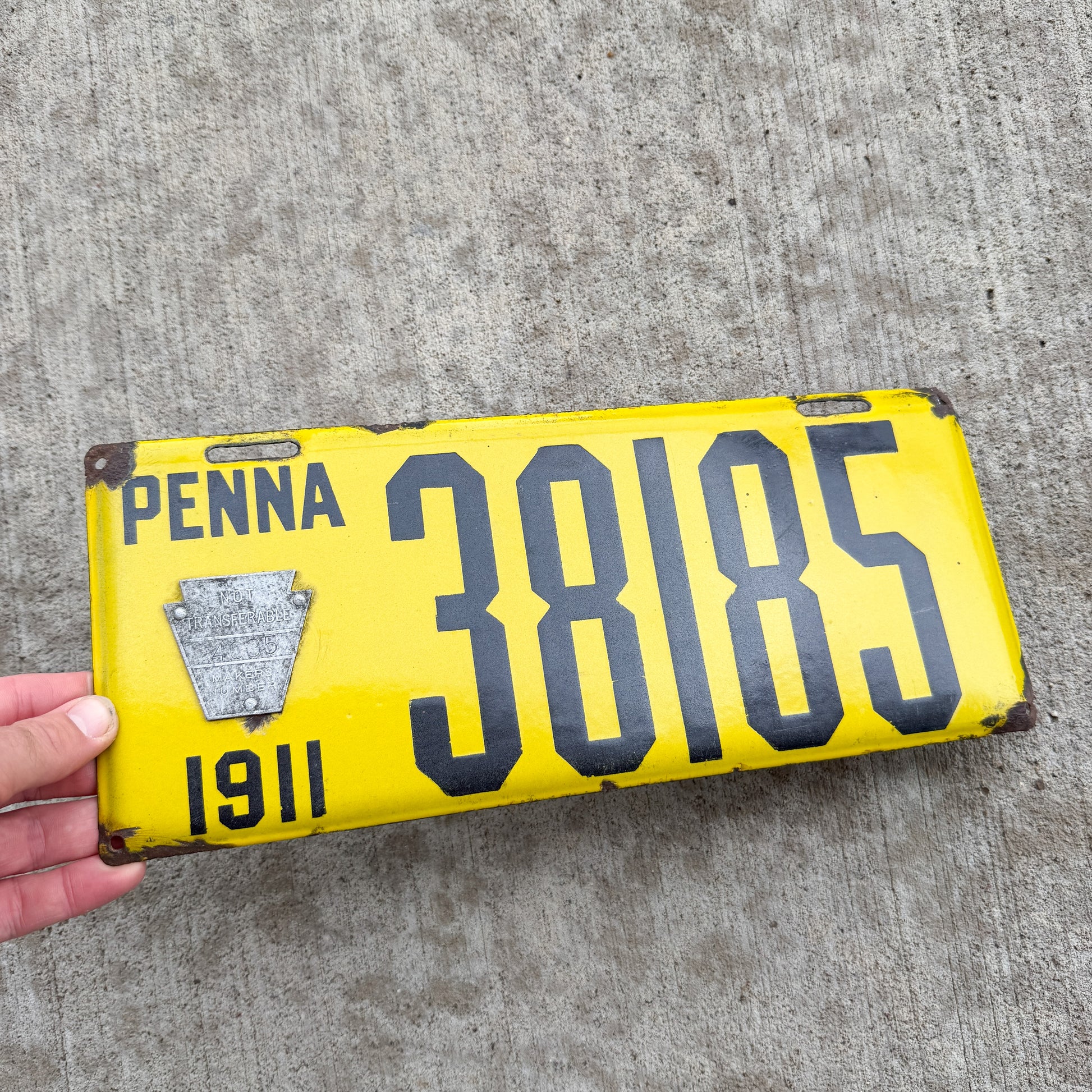 Photo of a 1911 Pennsylvania Porcelain License Plate Auto Tag Garage Decor Vintage 38185 with original patina