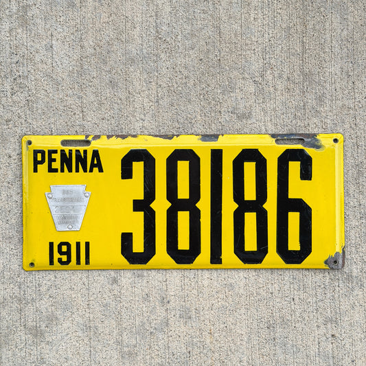 Photo of a 1911 Pennsylvania Porcelain License Plate Auto Tag Garage Decor Vintage 38186 with original patina