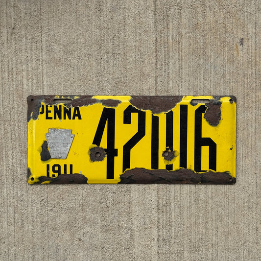 Photo of a 1911 Pennsylvania Porcelain License Plate Auto Tag Garage Decor Vintage Beveled 420 Weed 42016