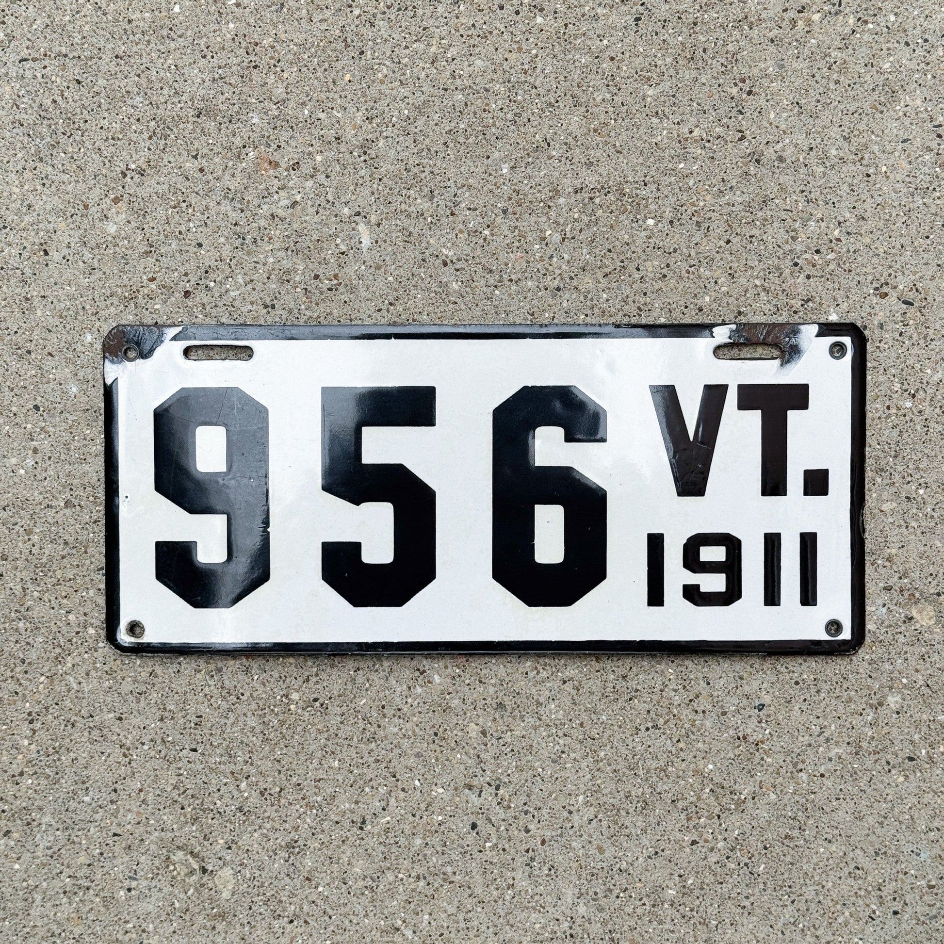 Photo of a 1911 Vermont Porcelain License Plate Auto Tag Garage Decor Vintage Low Number Three Digit 956 with original patina