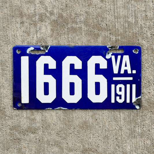 Photo of a 1911 Virginia Porcelain License Plate Auto Tag Garage Decor Vintage Repeat Repeating 1666 with original patina
