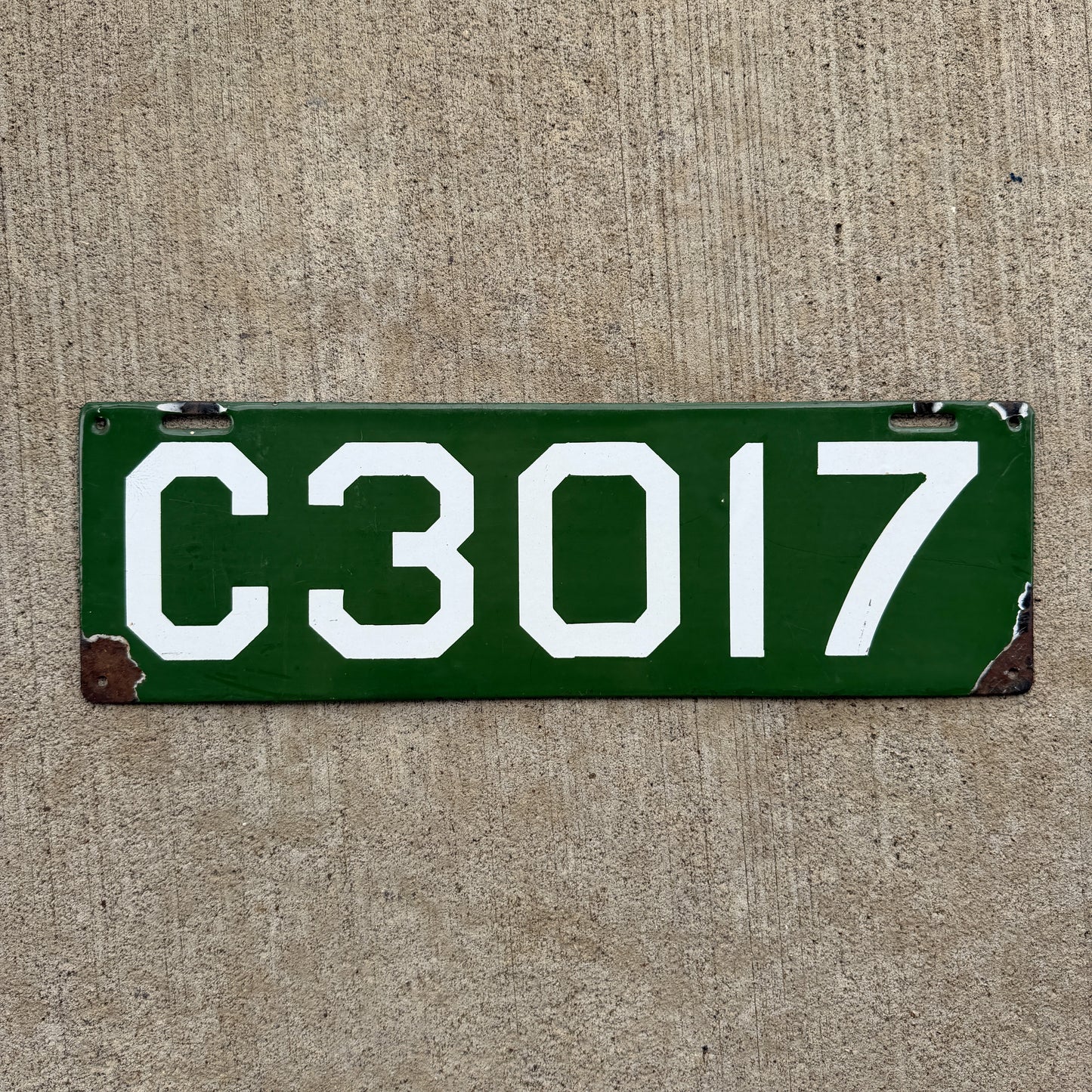 Photo of a 1912 Connecticut Porcelain License Plate Auto Tag Garage Decor Vintage Low Number Four Digit 3017 with original patina