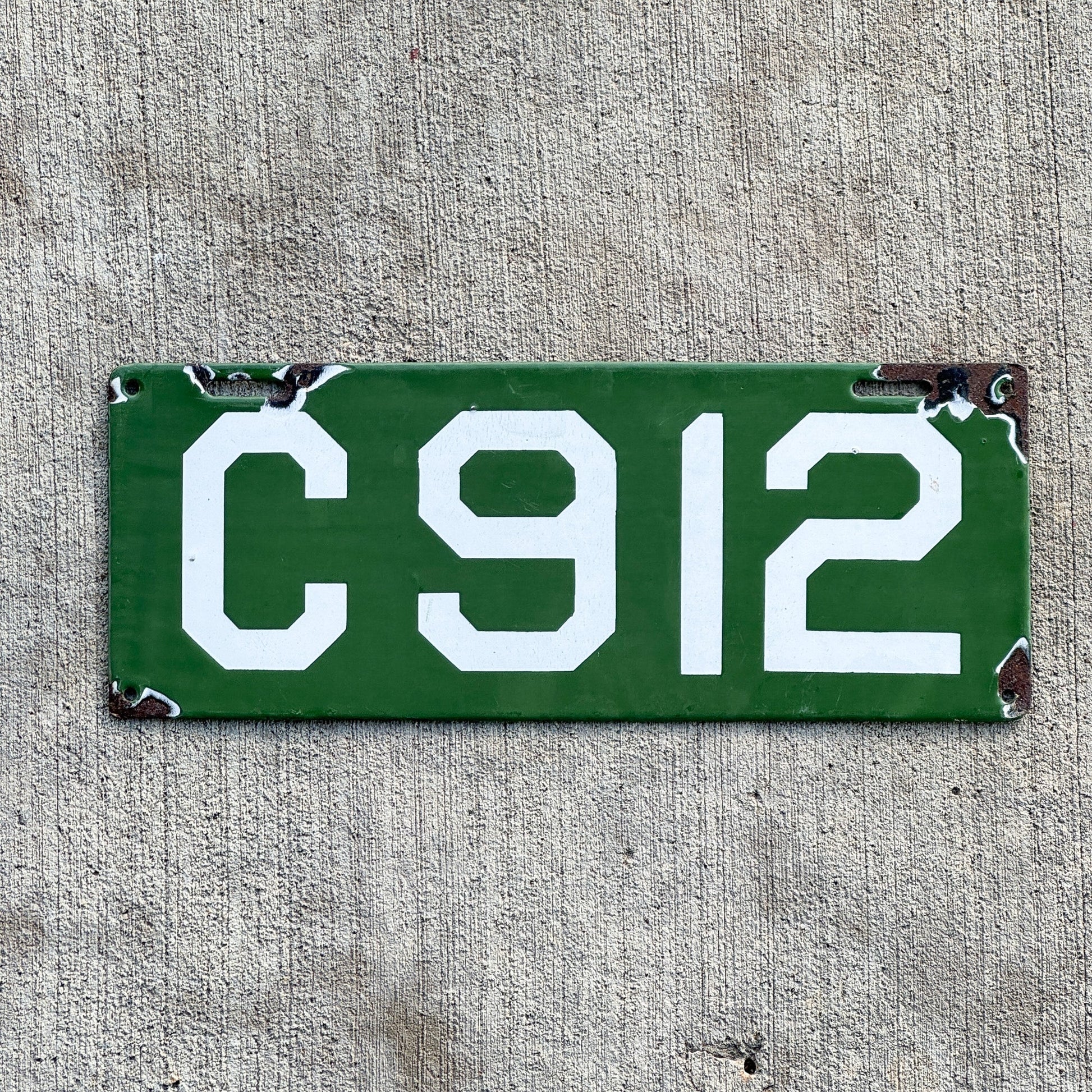 Photo of a 1912 Connecticut Porcelain License Plate Auto Tag Garage Decor Vintage Low Number Three Digit C 912 with original patina