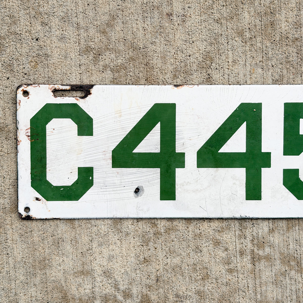 Photo of a 1912 Connecticut Porcelain Livery License Plate Auto Tag Garage Decor Vintage 445 L with original patina