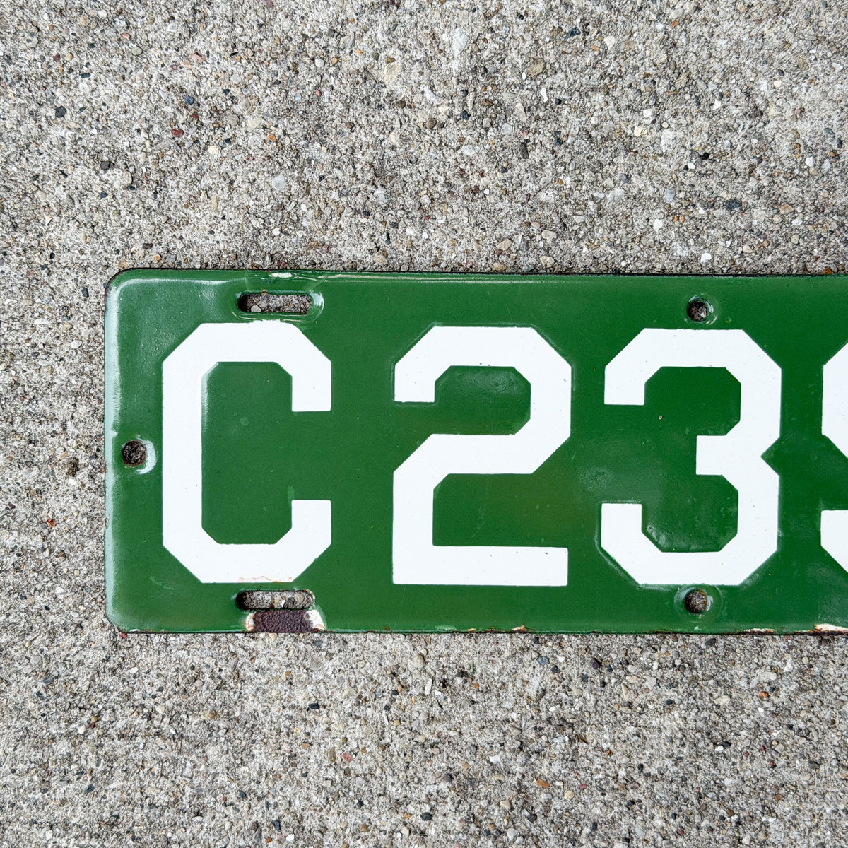 Photo of a 1912 Connecticut Porcelain Motorcycle License Plate Auto Tag Garage Decor Vintage High Quality Four Digit First Issue C 2392 with original patina
