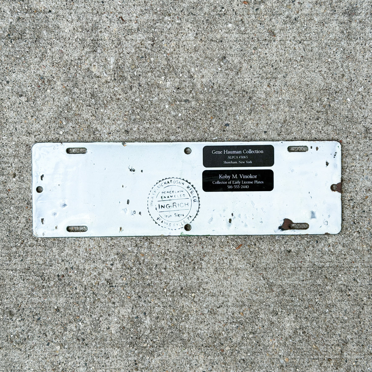 Photo of a 1912 Connecticut Porcelain Motorcycle License Plate Auto Tag Garage Decor Vintage High Quality Four Digit First Issue C 2392 with original patina