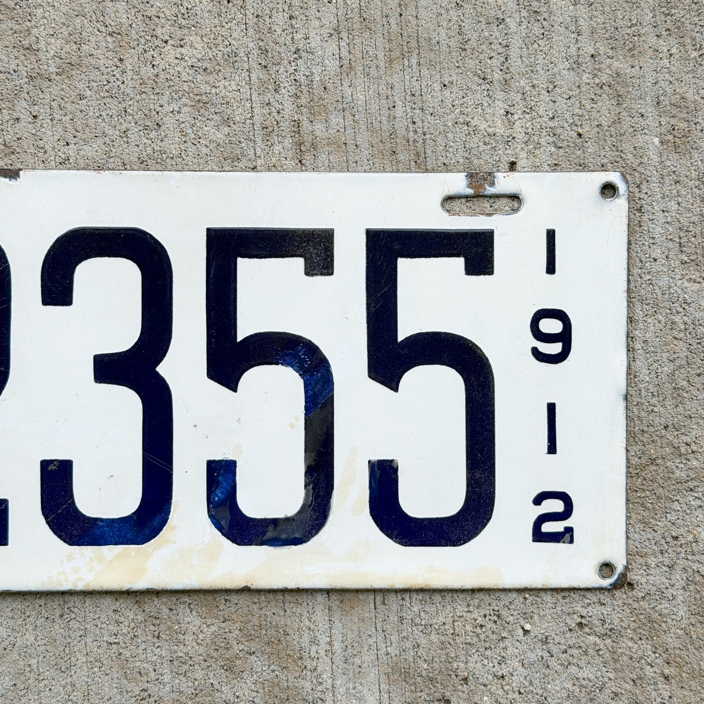 Photo of a 1912 Louisiana Porcelain License Plate Auto Tag Garage Decor Vintage High Quality 2355 with original patina