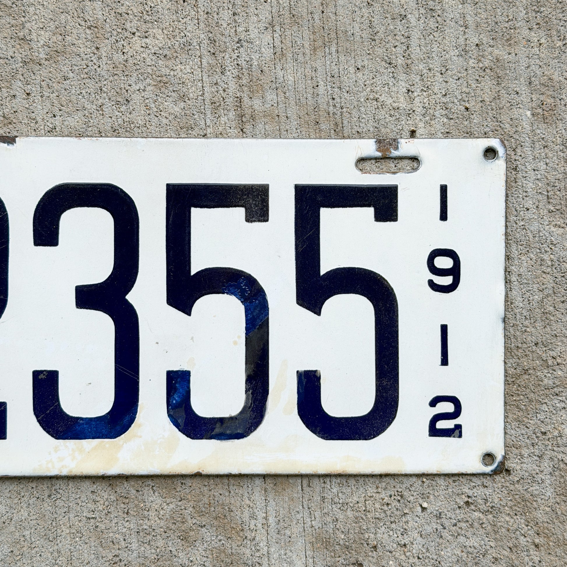 Photo of a 1912 Louisiana Porcelain License Plate Auto Tag Garage Decor Vintage High Quality 2355 with original patina