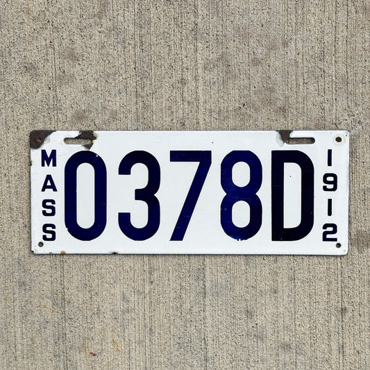 Photo of a 1912 Massachusetts Porcelain Dealer License Plate Auto Tag Garage Decor Vintage 0378 D with original patina