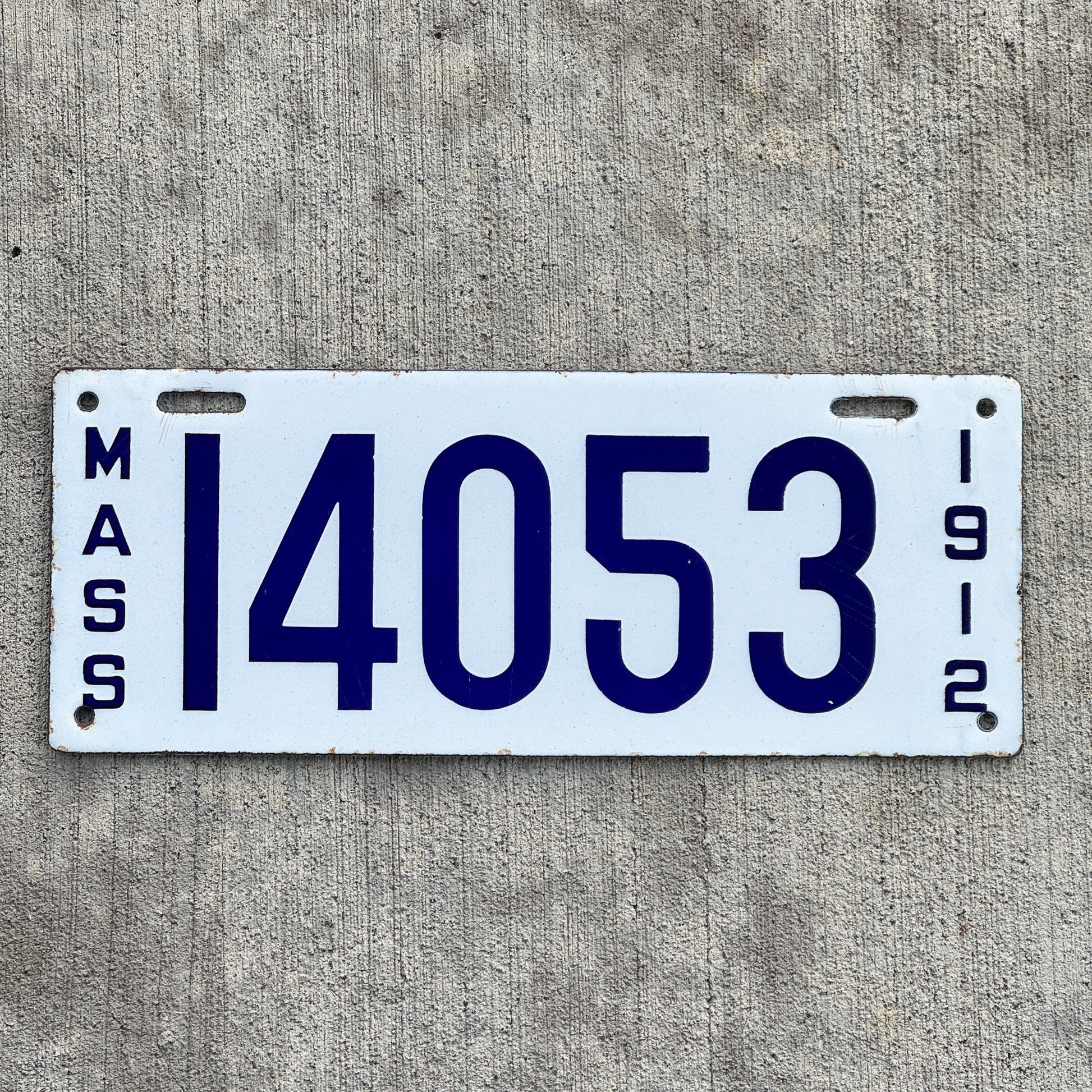 Photo of a 1912 Massachusetts Porcelain License Plate Auto Tag Garage Decor Vintage High Quality 14053 with original patina