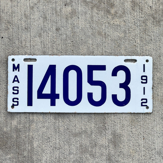 Photo of a 1912 Massachusetts Porcelain License Plate Auto Tag Garage Decor Vintage High Quality 14053 with original patina