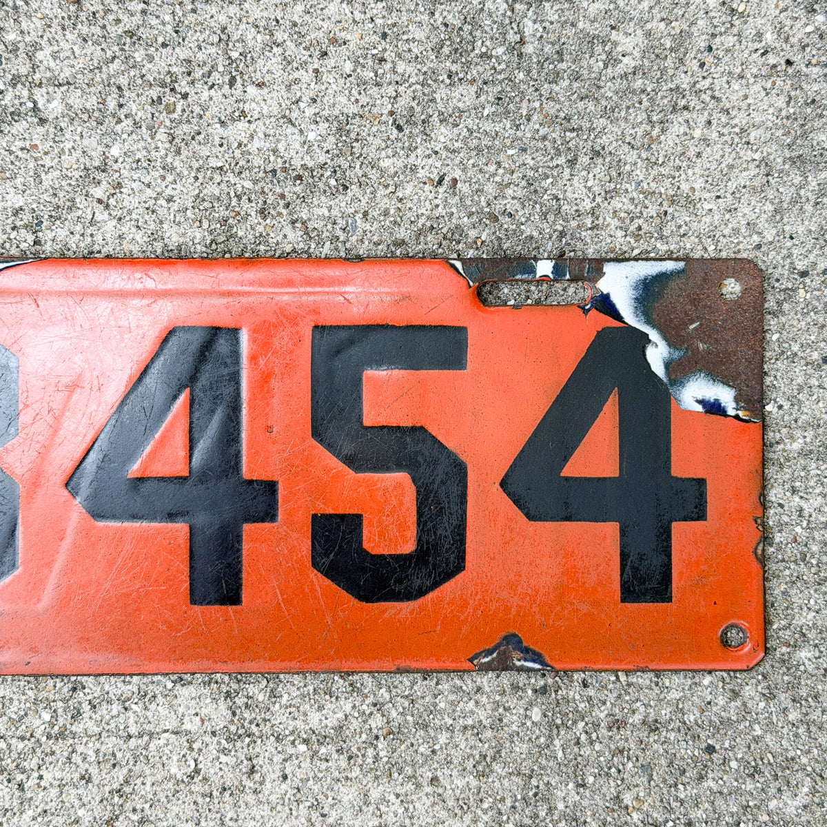Photo of a 1913 Alabama Porcelain License Plate Auto Tag Garage Decor Vintage Reused Fired Over 1912 Dealer 3454 with original patina