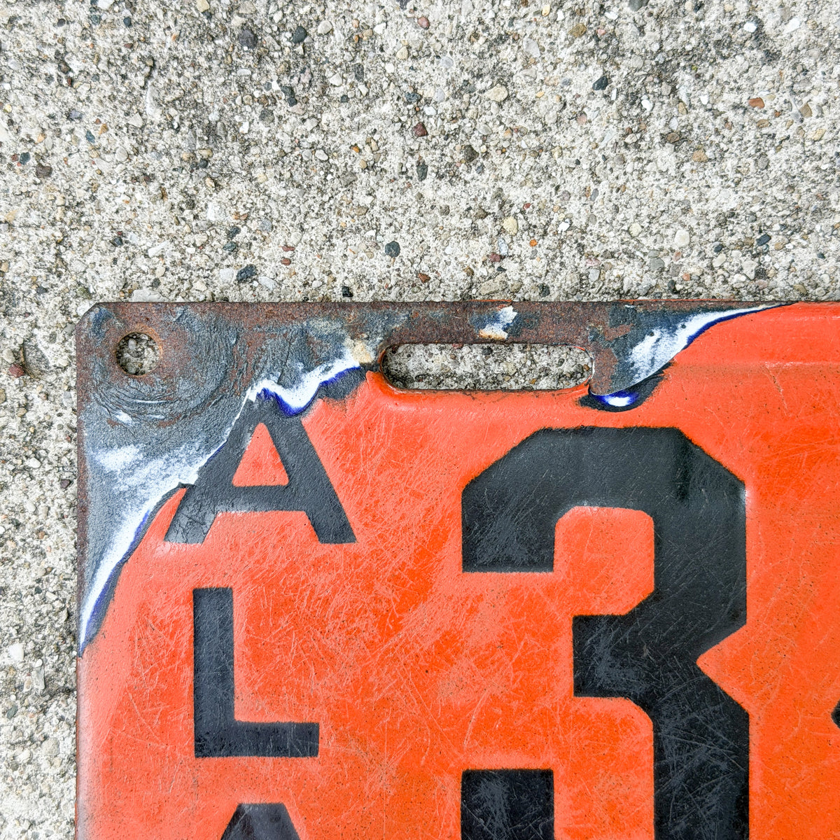 Photo of a 1913 Alabama Porcelain License Plate Auto Tag Garage Decor Vintage Reused Fired Over 1912 Dealer 3454 with original patina