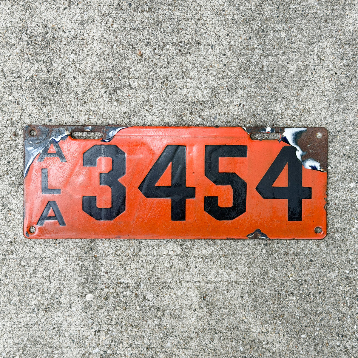 Photo of a 1913 Alabama Porcelain License Plate Auto Tag Garage Decor Vintage Reused Fired Over 1912 Dealer 3454 with original patina