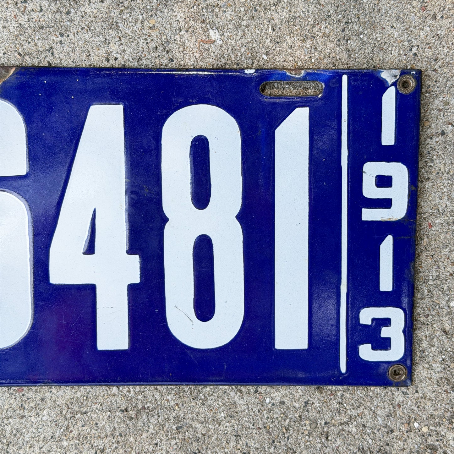 Photo of a 1913 British Columbia Porcelain License Plate Auto Tag Garage Decor Vintage High Quality 6481 with original patina