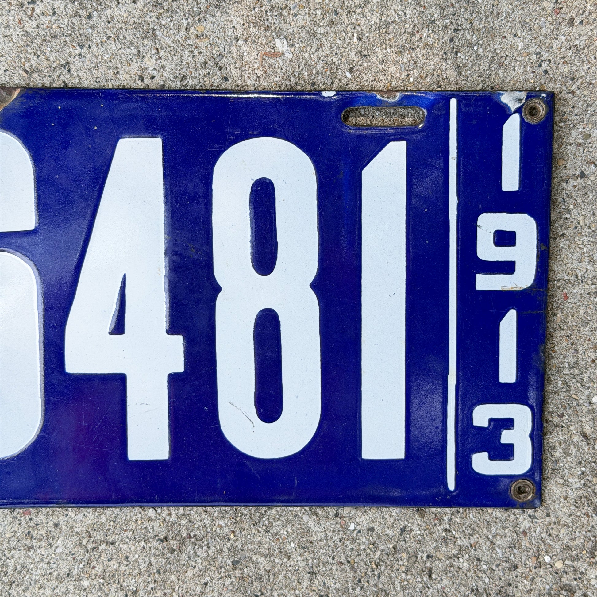 Photo of a 1913 British Columbia Porcelain License Plate Auto Tag Garage Decor Vintage High Quality 6481 with original patina