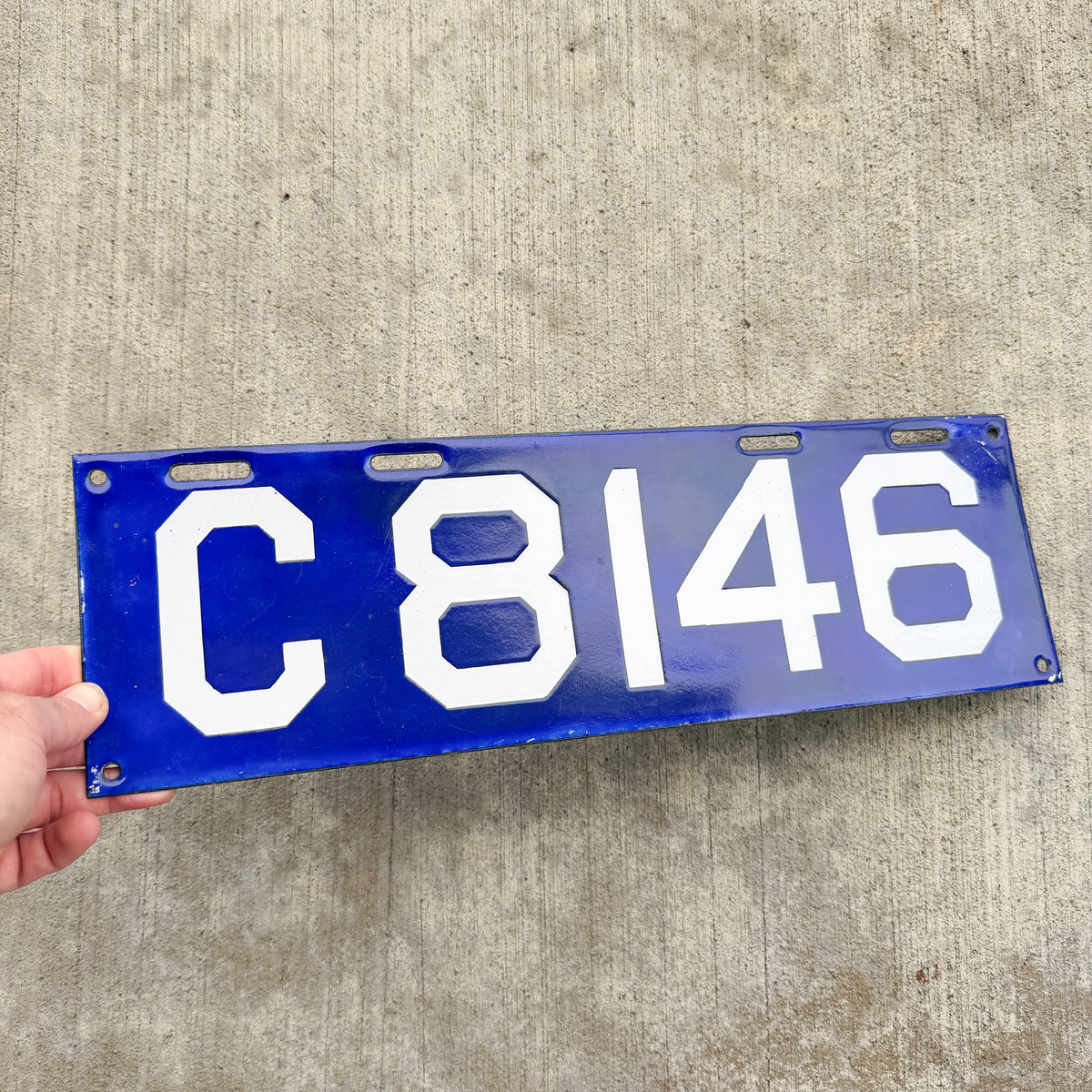 Photo of a 1913 Connecticut Porcelain License Plate Auto Tag Garage Decor Vintage High Quality Four Digit C 8146 with original patina