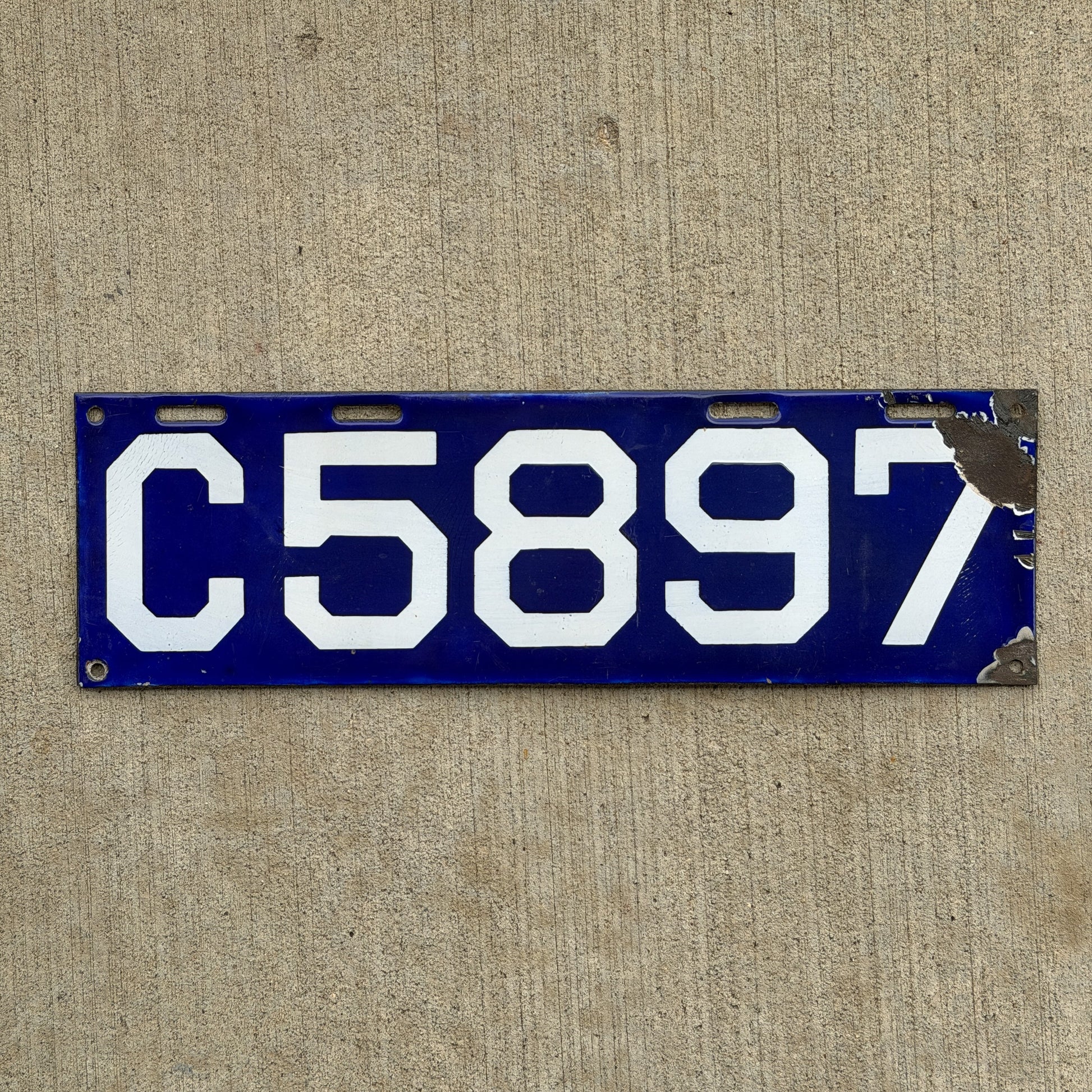 Photo of a 1913 Connecticut Porcelain License Plate Auto Tag Garage Decor Vintage Low Number Four Digit 5897 with original patina