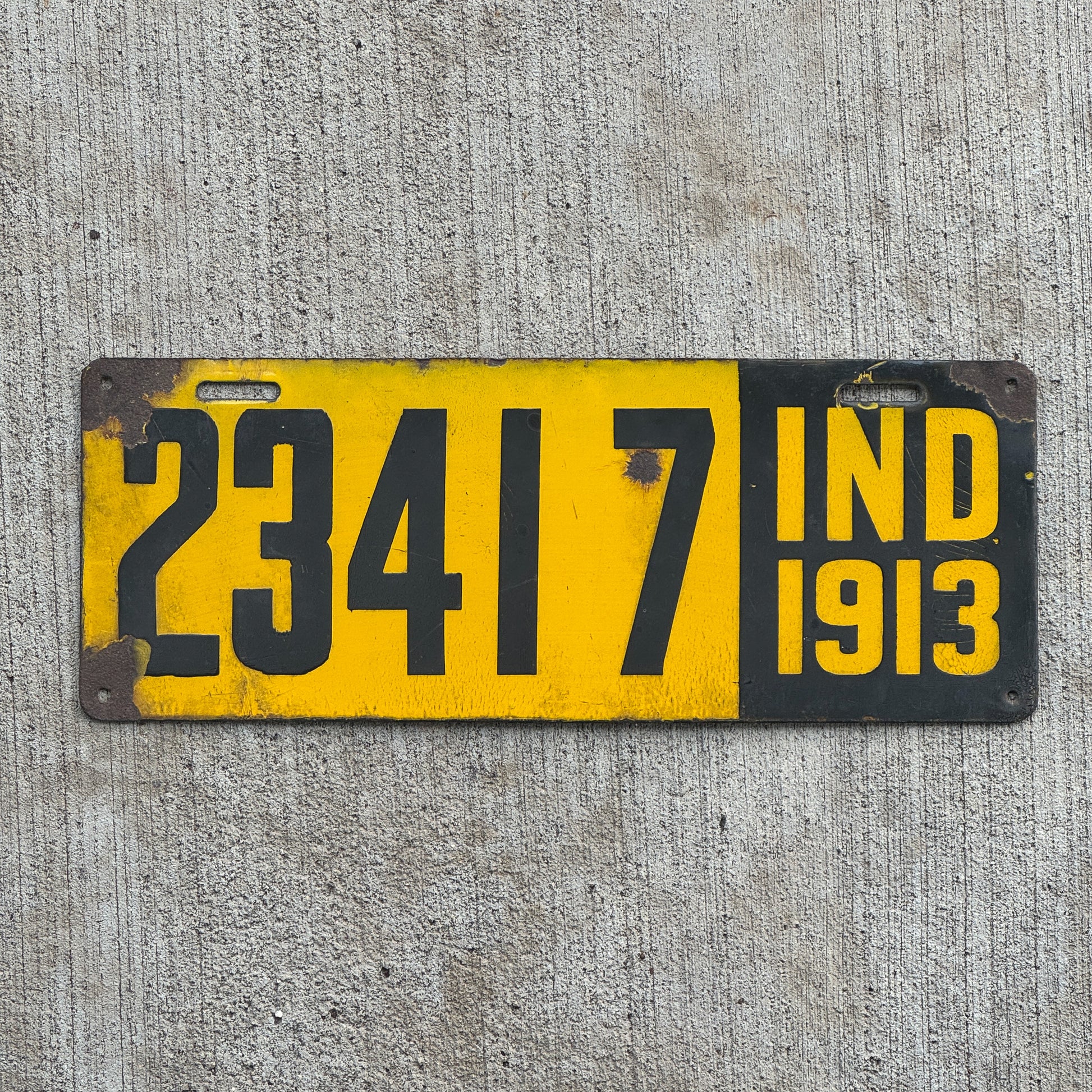 Photo of a 1913 Indiana Porcelain License Plate Auto Tag Garage Decor Vintage First Issue 23417 with original patina
