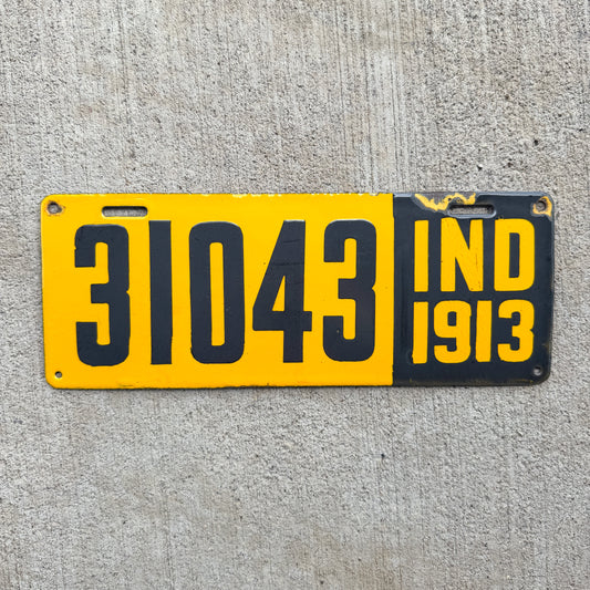Photo of a 1913 Indiana Porcelain License Plate Auto Tag Garage Decor Vintage First Issue 31043 with original patina