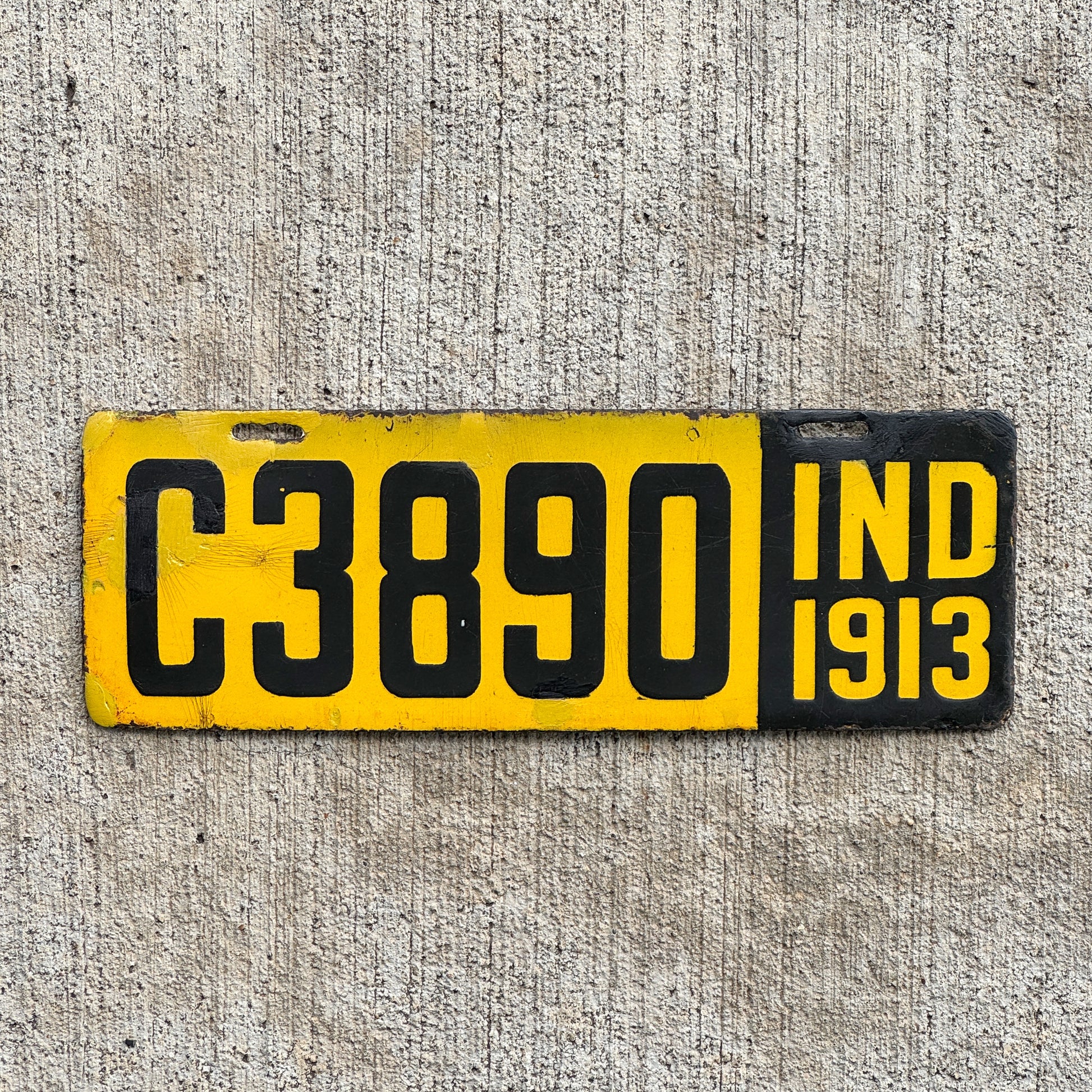 Photo of a 1913 Indiana Porcelain Motorcycle License Plate Auto Tag Garage Decor Vintage High Quality C 3890 with original patina