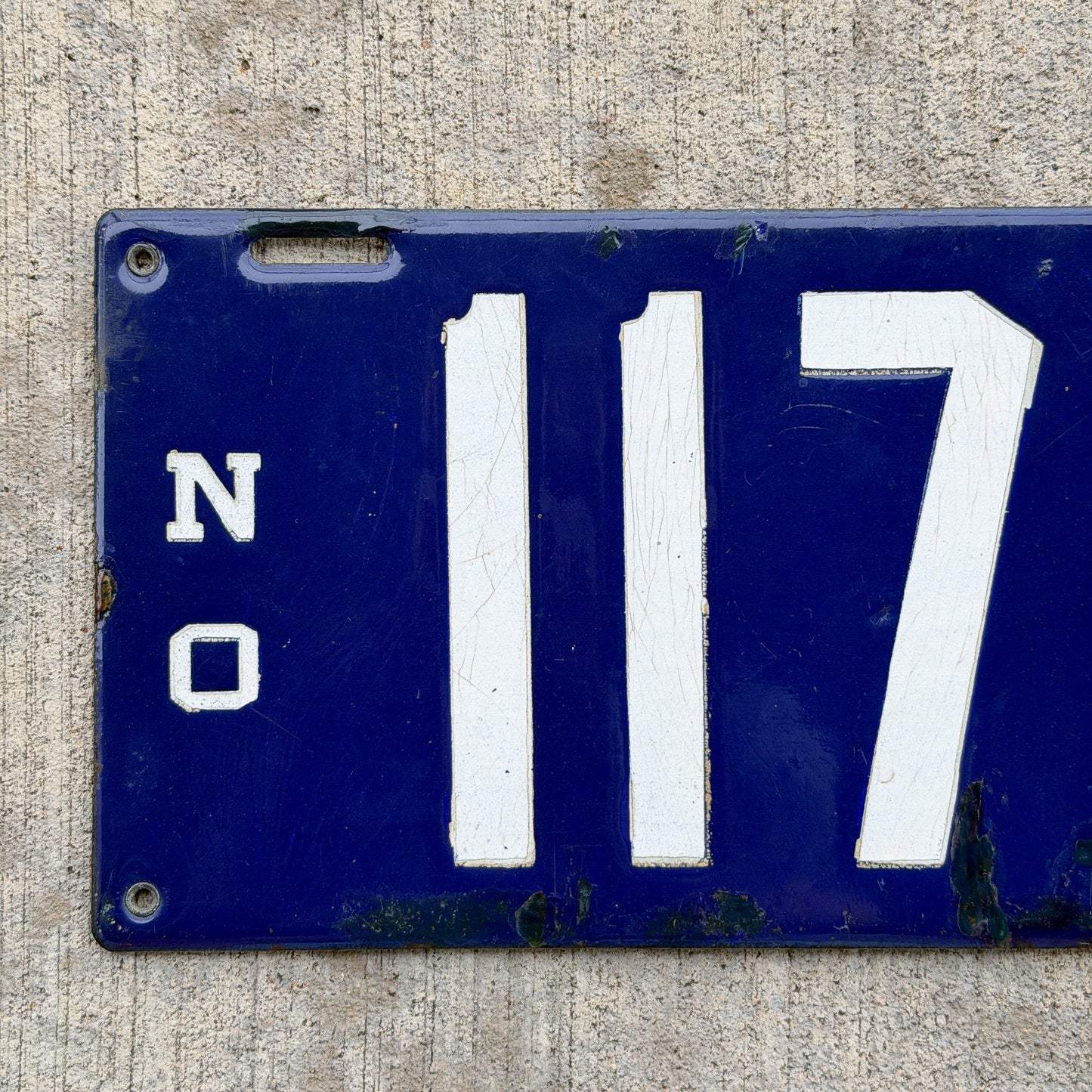 Photo of a 1913 Louisiana Porcelain License Plate Auto Tag Garage Decor Vintage High Quality 1170 with original patina