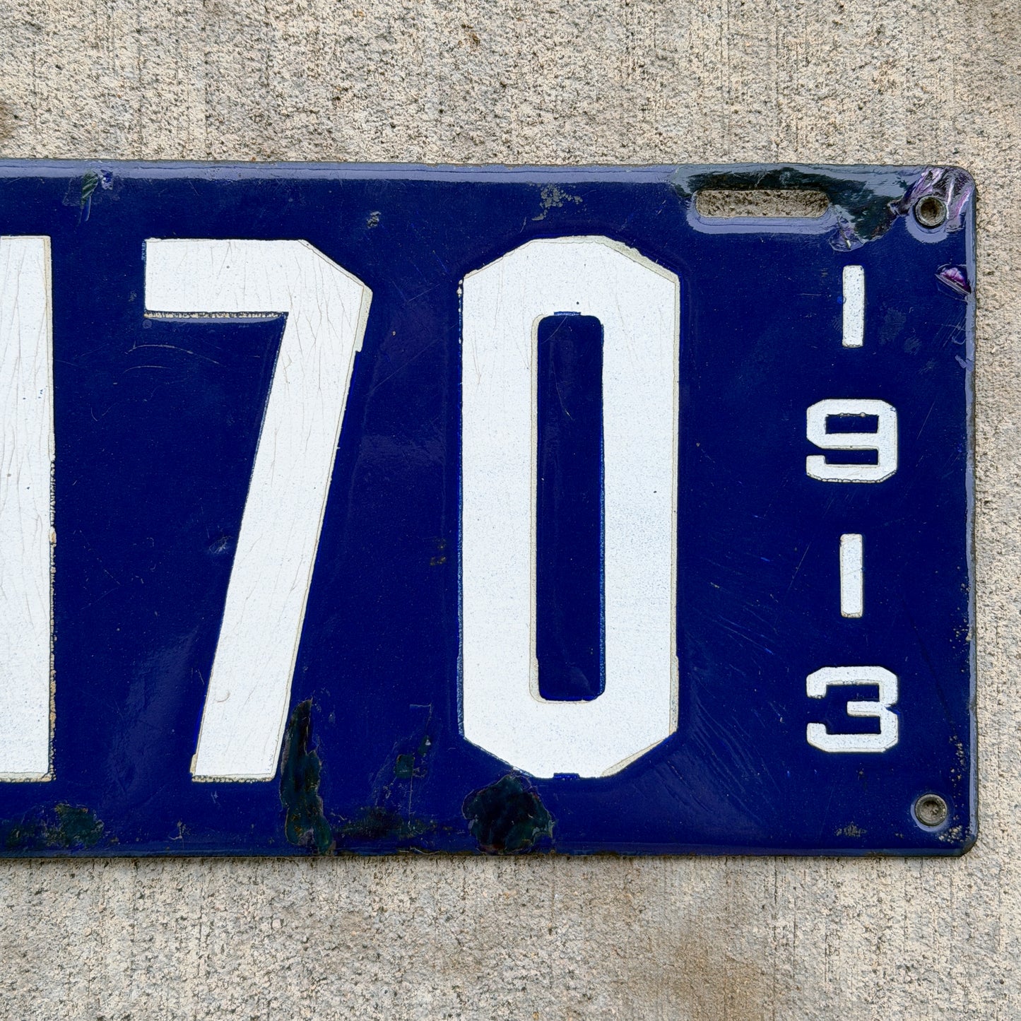 Photo of a 1913 Louisiana Porcelain License Plate Auto Tag Garage Decor Vintage High Quality 1170 with original patina