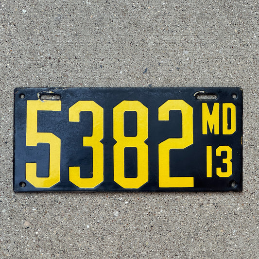 Photo of a 1913 Maryland Porcelain License Plate Auto Tag Garage Decor Vintage Low Number Four Digit 5382 with original patina