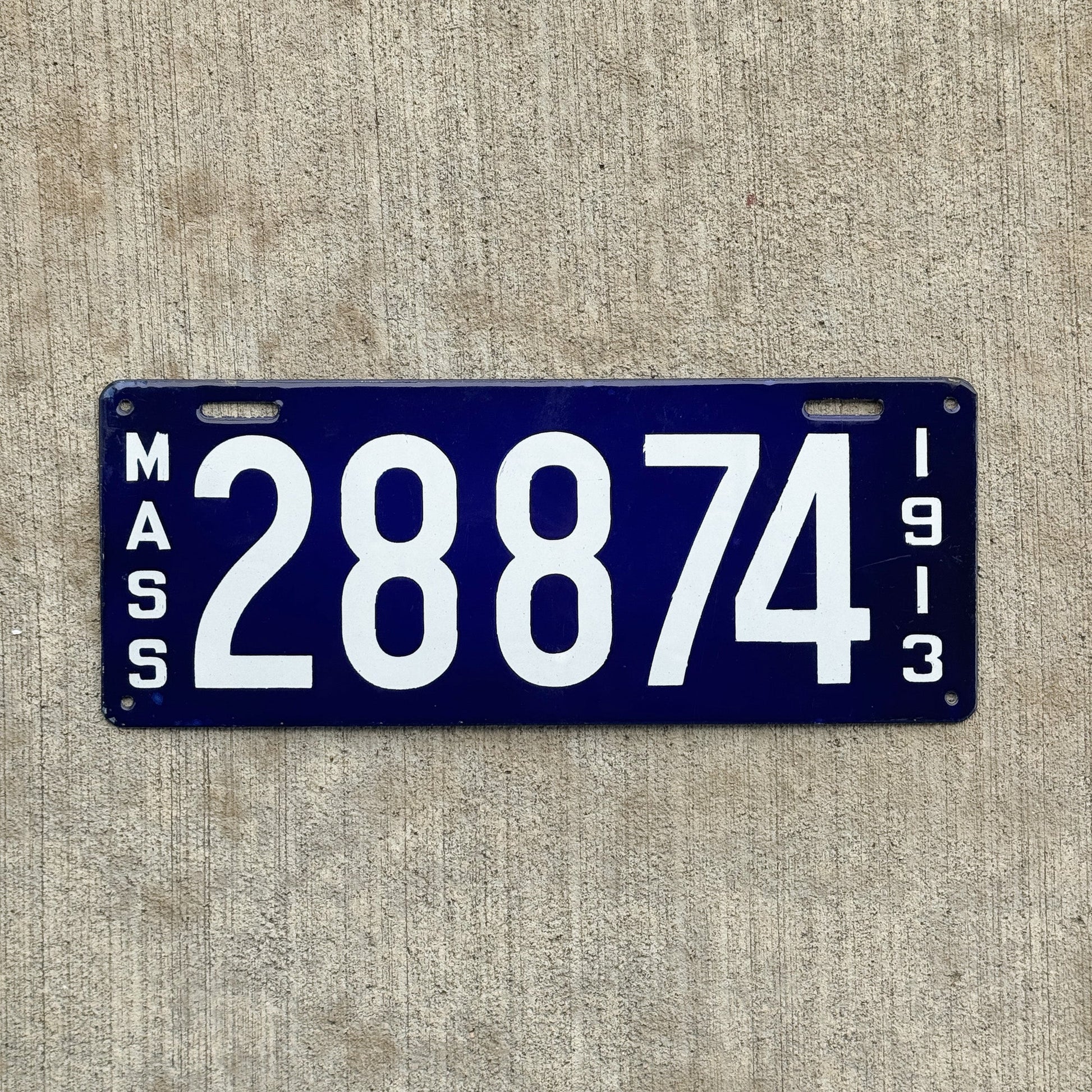 Photo of a 1913 Massachusetts Porcelain License Plate Auto Tag Garage Decor Vintage High Quality 28874 with original patina