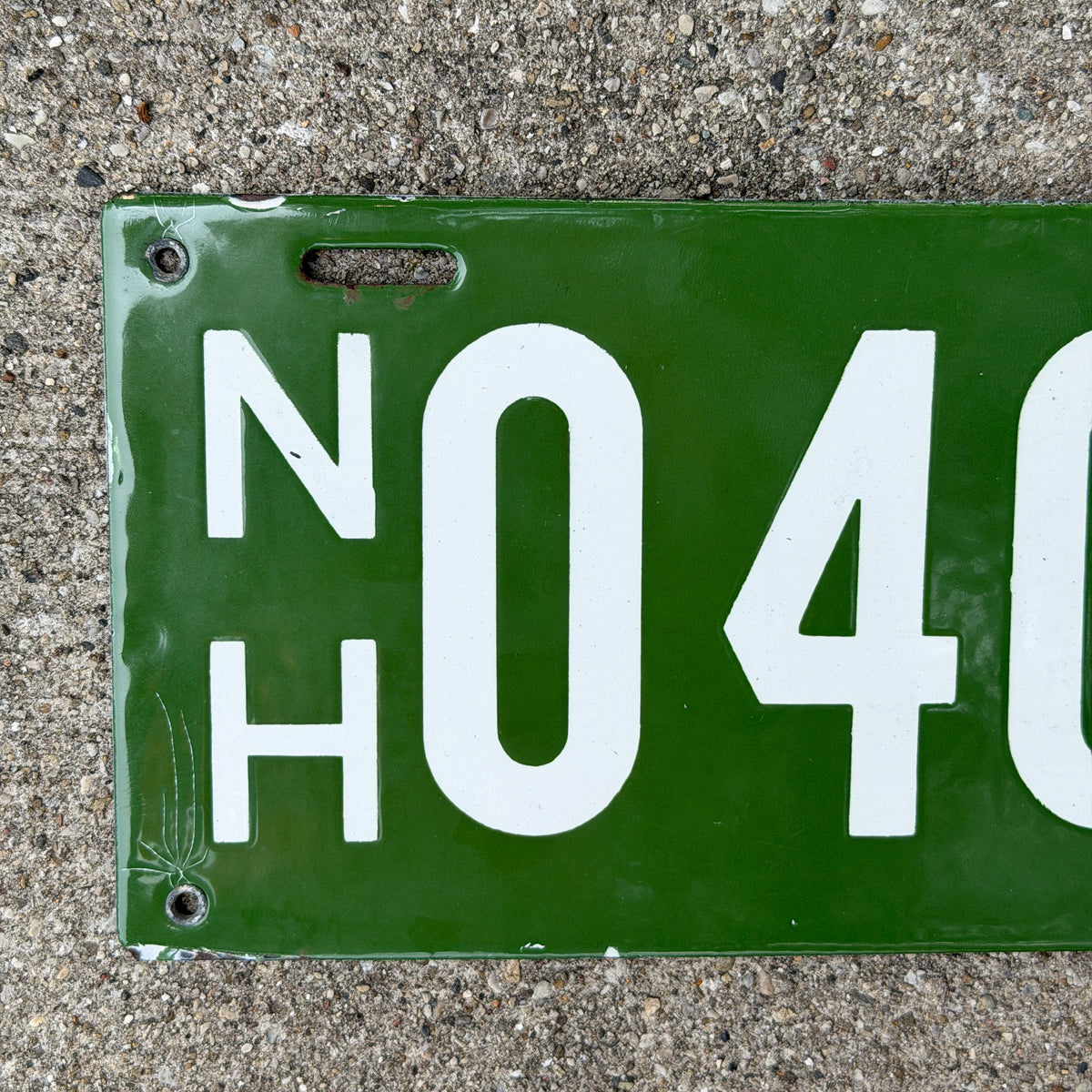Photo of a 1913 New Hampshire Porcelain Commercial License Plate Auto Tag Garage Decor Vintage First Year of Type High Quality 0403 with original patina