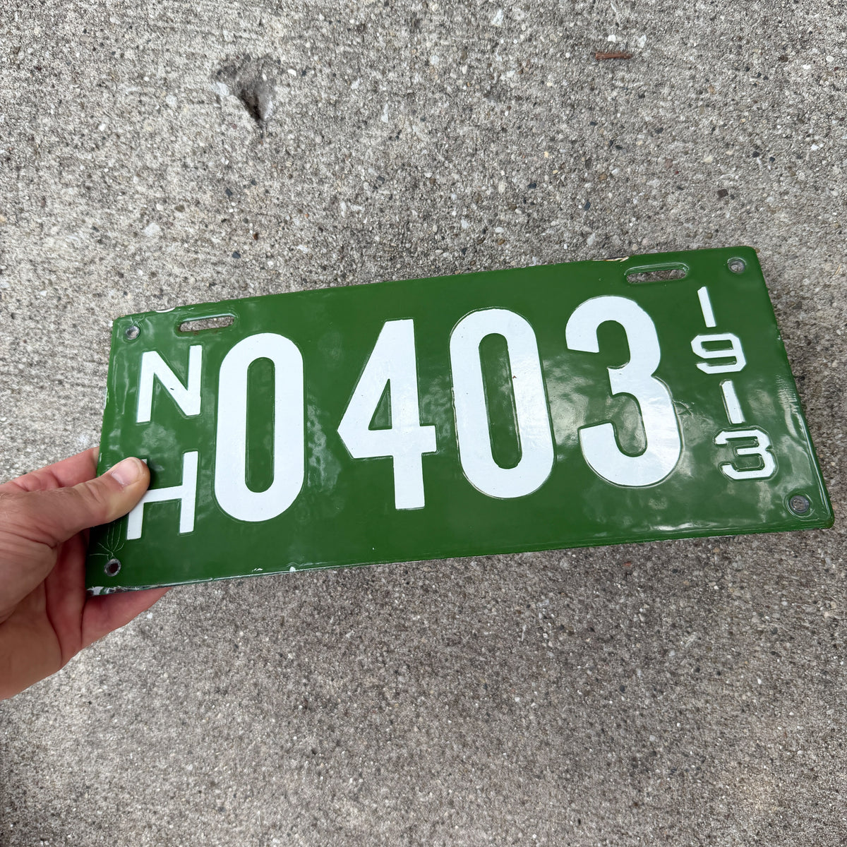 Photo of a 1913 New Hampshire Porcelain Commercial License Plate Auto Tag Garage Decor Vintage First Year of Type High Quality 0403 with original patina